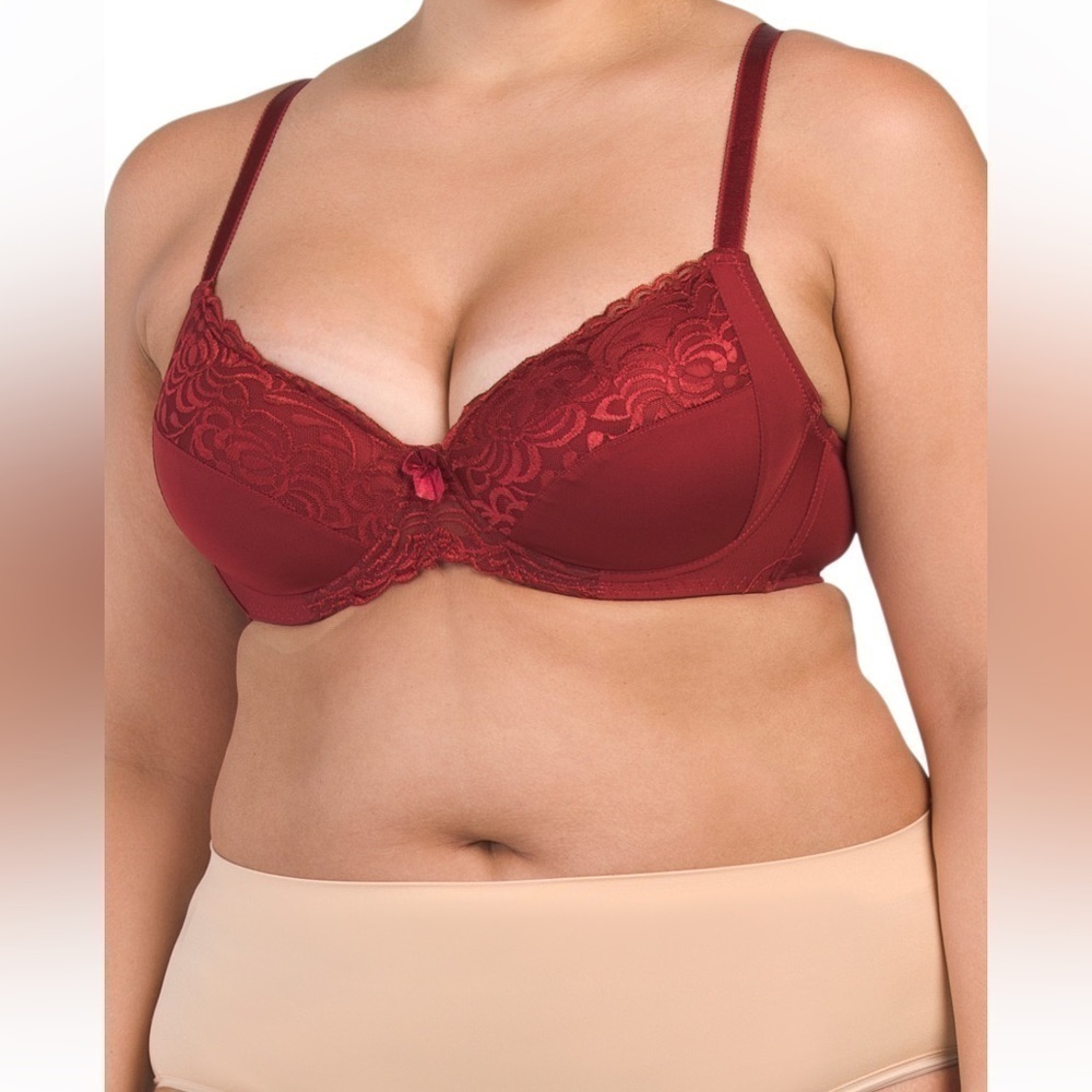 Paramour New Size 38D Full Figure Lace Inlay Contour Bra Underwire Rhubarb Red